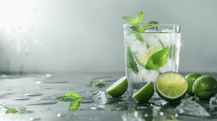 Wall Mural - Refreshing glass of ice water with limes and mint on wet surface