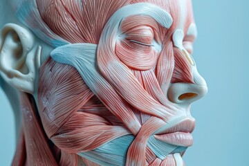 Close up face muscles of the human face anatomy isolated on blue science background