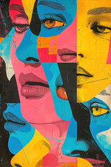 Retro 1980s risograph art background of female faces in a brightly colored collage of different shapes.