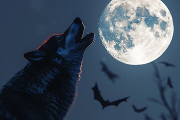  An illustration featuring a full moon with a wolf howling at it, while bats fly near the moon. The scene creates a mystical and eerie atmosphere, capturing the essence of a moonlit night in the wild.