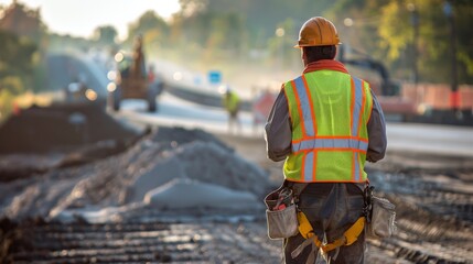 A construction worker in a reflective vest and hard hat is actively supervising roadwork, ensuring safety and progress on a bustling job site during daylight hours