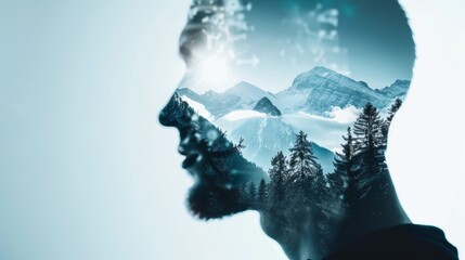 Futuristic double exposure of a programmer, combining digital interface visuals with a picturesque nature landscape of mountains and forests