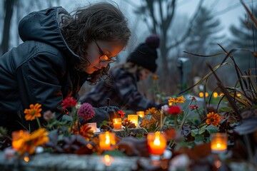 Children Honoring Loved Ones With Candles and Flowers at Dusk in a Peaceful Garden