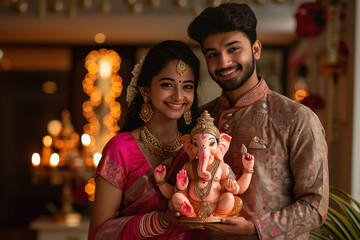 Canvas Print - Young indian couple holding lord ganesha sculpture. celebrating lord ganesha festival.