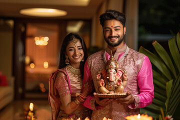 Canvas Print - Young indian couple holding lord ganesha sculpture. celebrating lord ganesha festival.