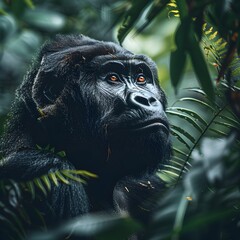 Wall Mural - Intense and Commanding Gorilla in a Lush Rainforest Wildlife Portrait