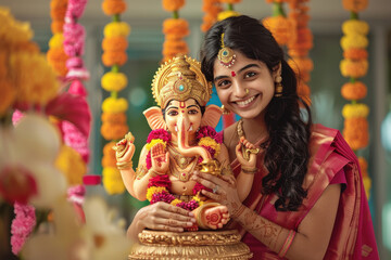 Wall Mural - Young indian woman holding lord ganesha sculpture, celebrating lord ganesha festival