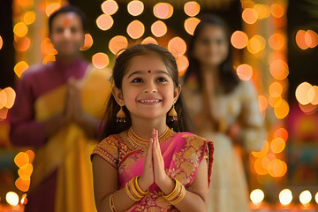 Wall Mural - little girl in traditional Indian attire, smiling and holding her hands together with parents standing behind showing expressions of pride.