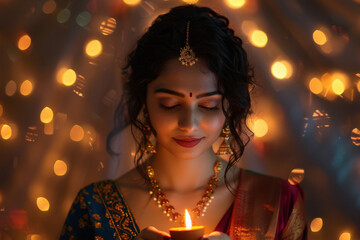 Sticker - young indian woman holding oil lamp on diwali festival