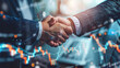 © Ika Puput - Business Growth concept. Business for financial success. Handshake with stock market growth arrow. Businessmen handshakes on blue background with digital financial data chart. Business background