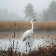 Sticker - Elegant crane standing in a misty wetland with serene posture and long legs wildlife portrait concept