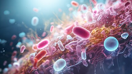 Poster - Microscopic view of probiotics bacteria in action: escherichia coli and other beneficial organisms in the digestive system, highlighting the role of probiotics in medicine, digestion, and overall heal