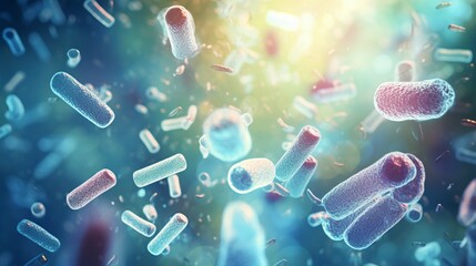 Poster - Microscopic view of probiotics bacteria in action: escherichia coli and other beneficial organisms in the digestive system, highlighting the role of probiotics in medicine, digestion, and overall heal