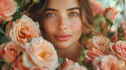 Wall Mural - Woman Surrounded by Soft Peach Roses in a Vibrant Garden During Golden Hour