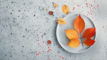 Sticker - Autumn Leaves on a White Plate with a Speckled Abstract Background