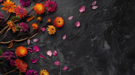 An image of a chopped tree and colorful chrysanthemum blooms are displayed on a festive black background. Additionally, the graphic has plenty of room for writing, Generative AI.