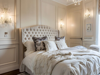 Elegant French-inspired bedroom with a luxurious tufted headboard in shades of gray and white.