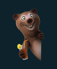 Wall Mural - Fun 3D cartoon bear with a cocktail