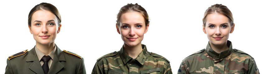 Set of portraits of women in military uniform on transparent background. Concept of patriotism, defense and war.