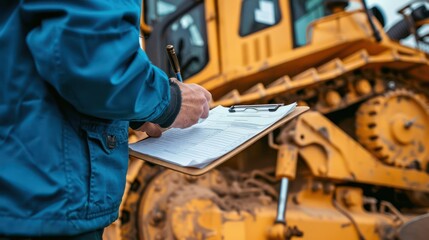 Wall Mural - An inspection checklist being filled out by a technician next to a serviced bulldozer