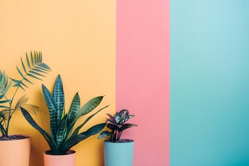 Wall Mural - Brightly colored wall featuring potted plants in soft pastels and vibrant shades. Generative AI