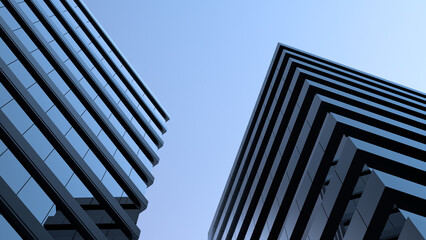 Modern city office, building with reflections in the windows at night, at dusk against the sky. Urban modern architecture, design of building, view from bottom to top, wallpaper.3D render