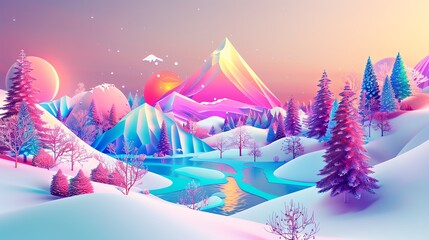 Snowy forest mountain landscape flat design top view sunset theme 3D render Triadic Color Scheme