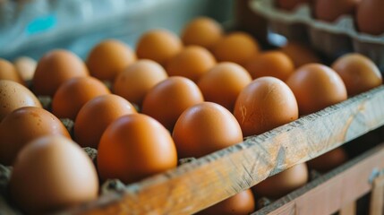 Close-up of fresh brown eggs in carton