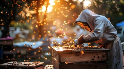 A beekeeper is working in a hive with a lot of bees flying around him