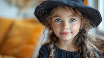 Young Girl Wearing a Black Hat and Sweater Smiling Brightly Indoors in Natural Light