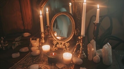 Enchanting Scrying Mirror Setup with Candles on Wooden Table Surrounded by Crystals for Mystical and Magical Decor