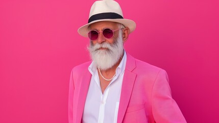 Wall Mural - A man in a pink suit and hat stands in front of a pink wall. He is wearing sunglasses and a necklace