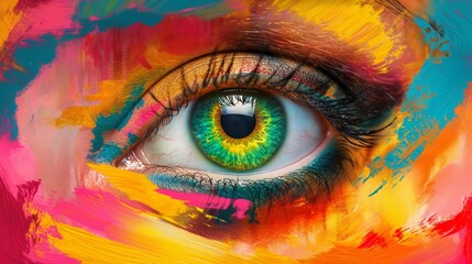 Wall Mural - A colorful painting of a woman's eye with a green iris. The painting is full of vibrant colors and has a lively, energetic feel to it. The eye is the focal point of the painting