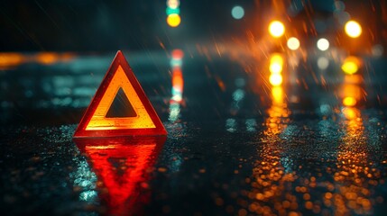 Warning triangle on wet road at night with car lights in background.