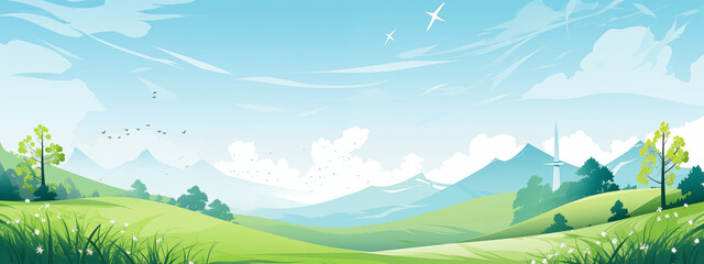 Wall Mural - Peaceful Countryside With Green Fields Trees And Distant Mountains Under A Blue Sky