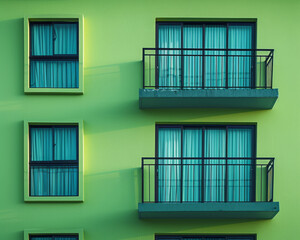 Bright green facade of old building or hotel with windows and balconies. City  architecture minimalist concept. Minimal pattern building background.