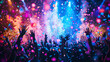 © Studios - Happy crowd people enjoy watching confetti fireworks at nigh music concert festival