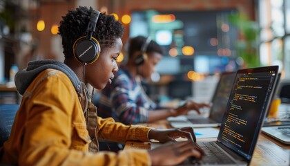 focused young programmers coding on laptops in a modern tech workspace with headphones