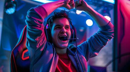 Excited gamer with headphones smiling after winning a multiplayer online game match, raising controller high.