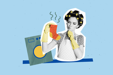 Sticker - Composite photo collage of minded housemaid girl hold stinky sock dirty clothes laundry day washing machine isolated on painted background