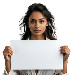 Front view mid body shot of an Indian woman holding a blank white placard in a white blouse and black skirt, isolated on a white transparent background