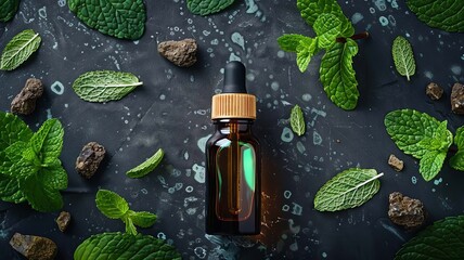 Wall Mural - mint extract in a small bottle, Generative AI,