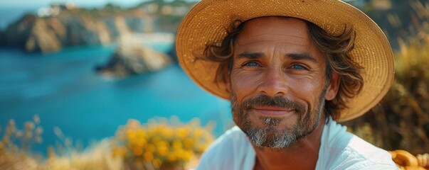 Smiling man in straw hat overlooking ocean.