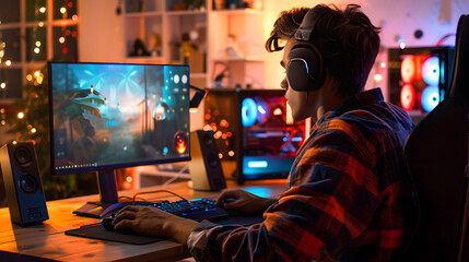 Wall Mural - A serious gamer surrounded by high-tech equipment playing video games on a powerful computer.