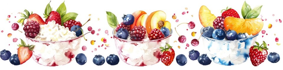 Wall Mural - Artisan Cottage Cheese Delight with Sweet Fruits and Berries in Watercolor Illustration