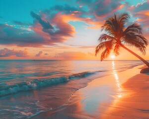 Wall Mural - Majestic Tropical Beach Sunset with Swaying Palm Trees and Peaceful Ocean Waves