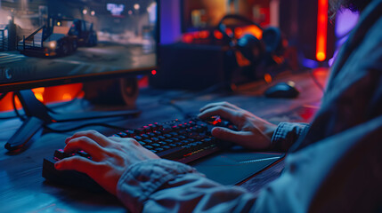 A focused gamer utilizing a gaming keypad for quicker input during an intense gaming session.