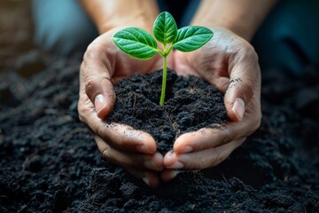 Farmer holding a young plant in fertile soil