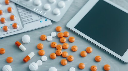 An overhead view of a clinic desk with a tablet, analgesic pills, and medical charts, representing integrated healthcare