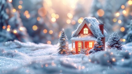 Wall Mural - christmas house in winter snowy forest. xmas banner and poster. snow-covered miniature house with wa